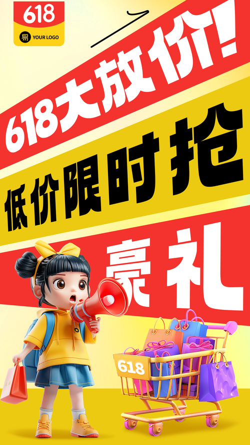 AI竖版海报-618大放价小女孩拿喇叭宣传活动