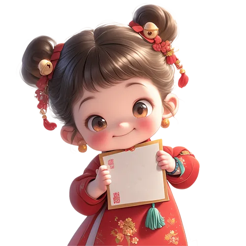 "红衣女孩手执贺卡，金铃点缀节日氛围"