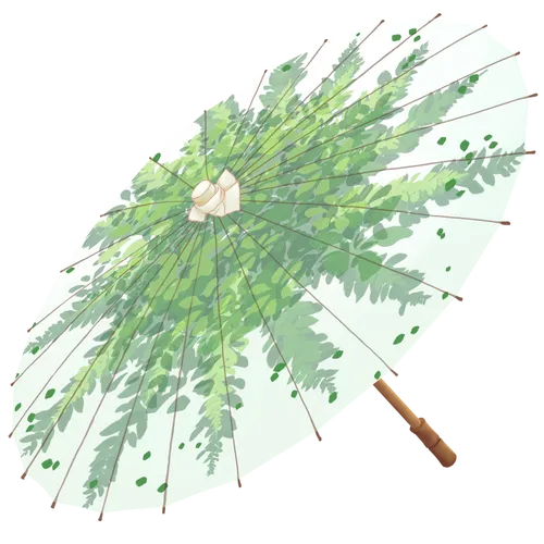 白色绿植图案木柄雨伞，展开状态